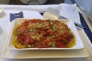 Next up, my main course, delayed by turbulence, was pasta in tomato sauce.