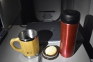 And here it is at my seat, my new Wakecup at hand to try it out. With a biscuit, of course.