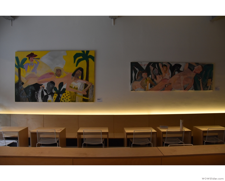 The decor in Mother Espresso is fairly minimal, but paintings grace the left-hand wall.
