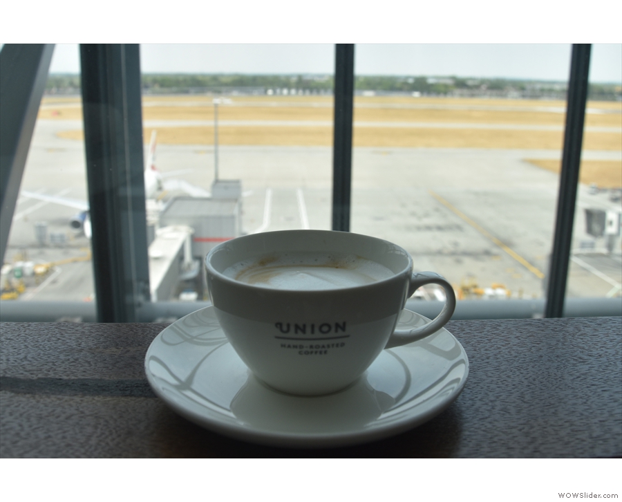 My cappuccino, enjoying the views from Heathrow Terminal 5's north lounge.