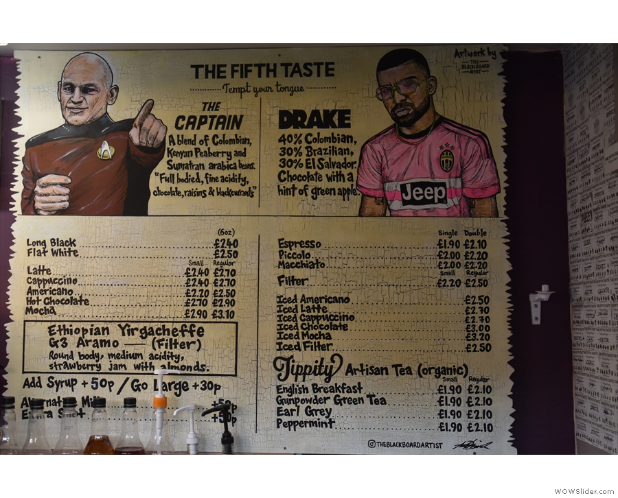 ... and the other wall having a lovely mural/menu (Drake was the previous espresso blend).
