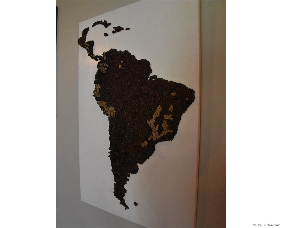 ... relief map of South America. Made of beans, the green ones mark coffee growing areas.