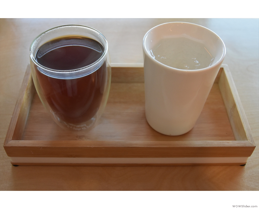 Like the espresso, it's served on a wooden tray, this time with my Therma Cup!