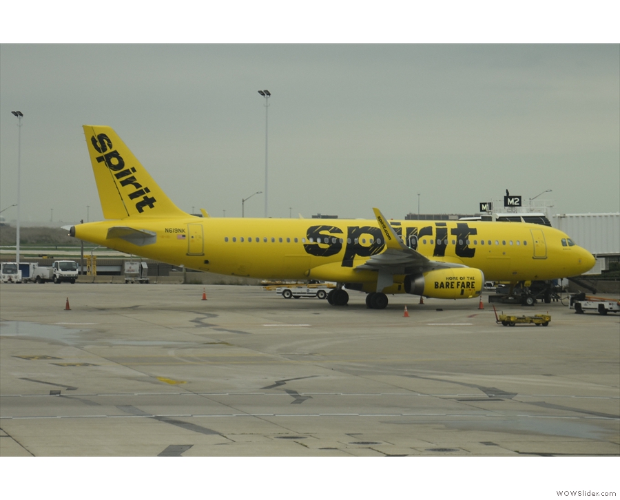 Getting close now. This Spirit Airlines Airbus A320-200 is on stand at one of the terminals.