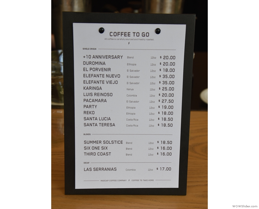 The price-list, with all 11 single-origins, four blends and a decaf.