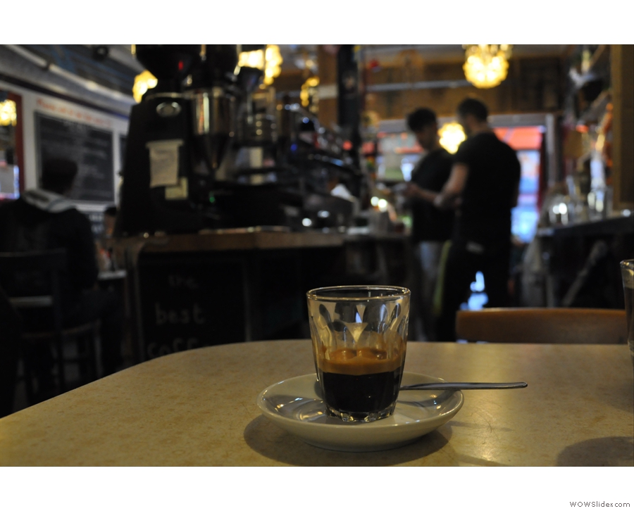 Espresso. In a glass. And some of the happiest staff I've ever seen. Cafe Boscanova, Boscombe.