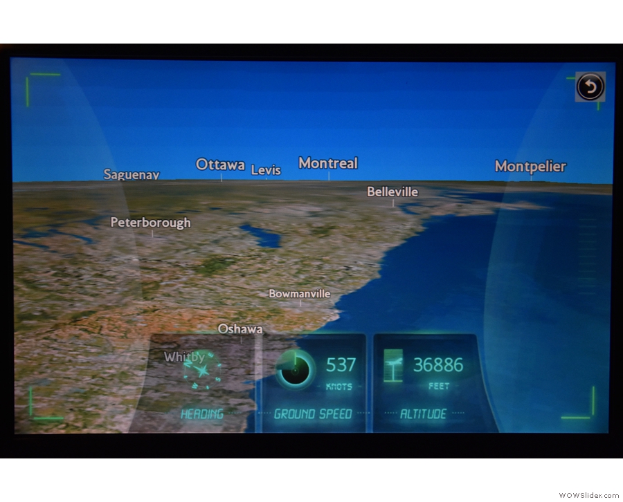 The virtual view from the cockpit, Montreal (my destination in two weeks' time) dead ahead.