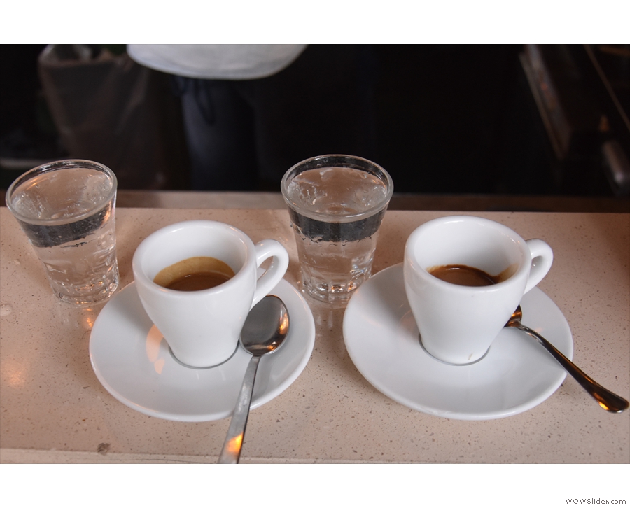 The end result: two espressos, each with a glass of water. On returning that evening...