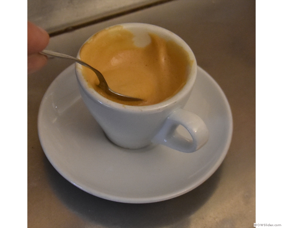 Here the espresso is served with an incredibly rich, foamy crema.