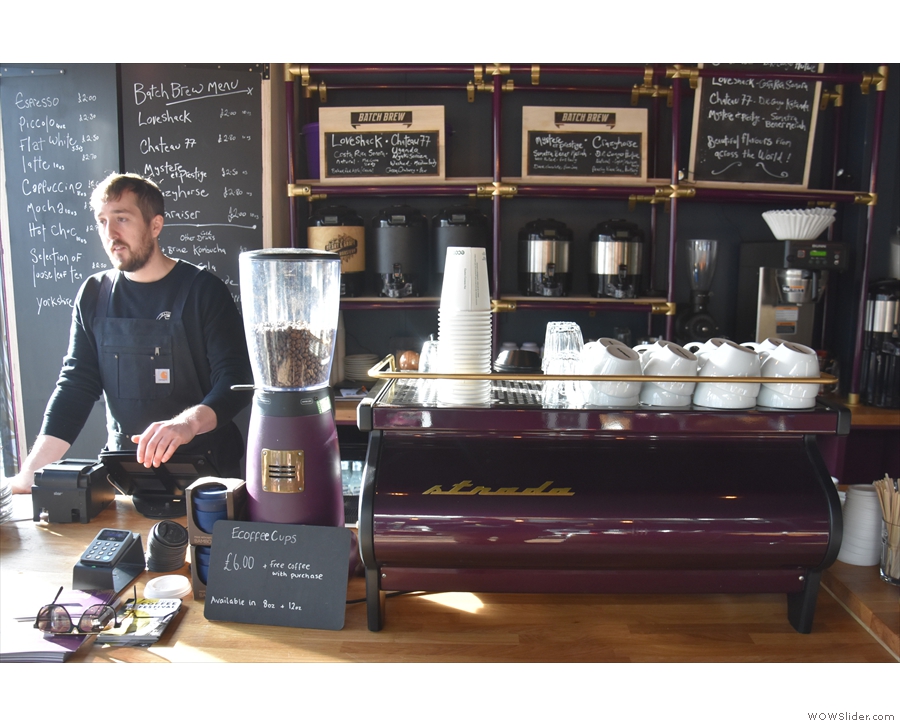 Down to business. Here's Josh by the purple La Marazooco Strada espresso machine.