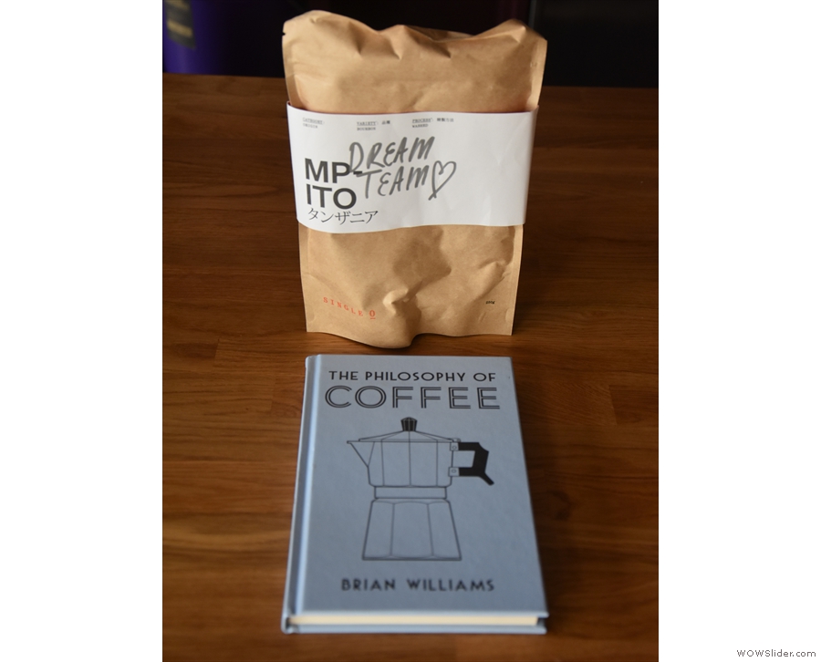 Time for presents: a bag of coffee from Single O in Tokyo, plus a copy of my book.