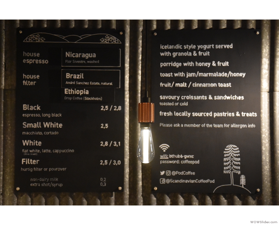 The concise coffee menu, complete with choice of beans (left) plus breakfast (right).