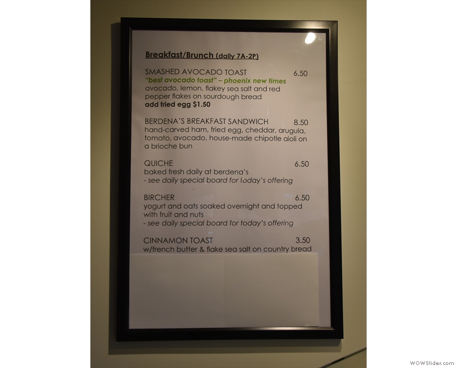 ... while the small, but tempting, breakfast menu (until 2pm) is on the wall.