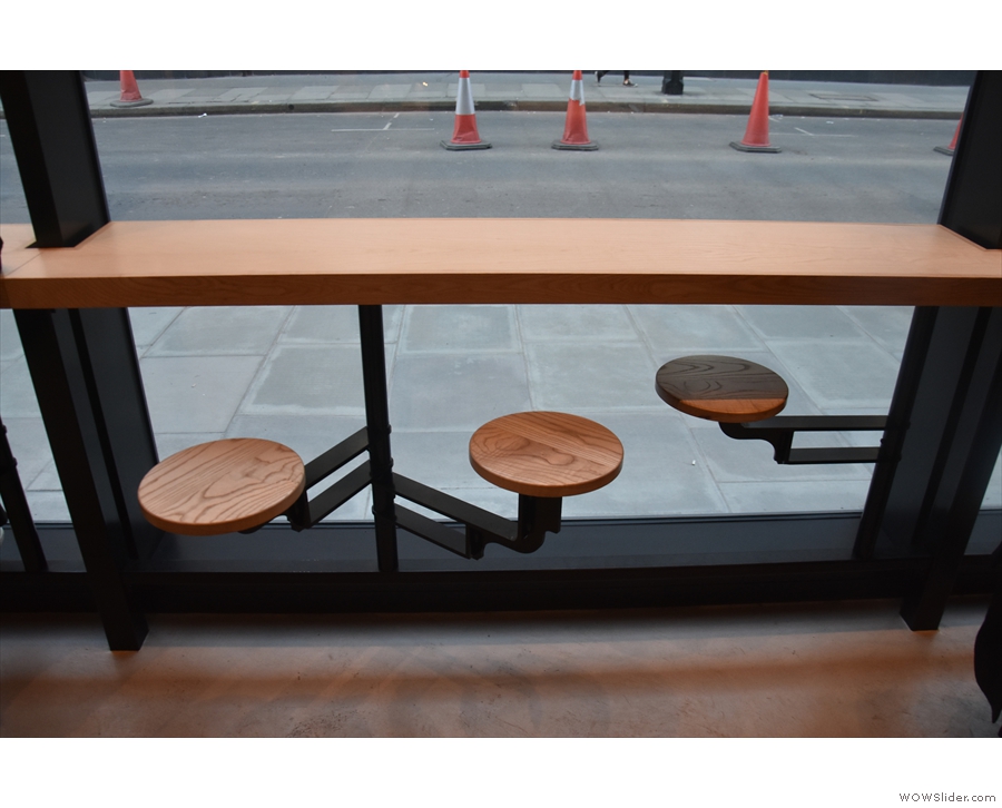 Seating is provded by these fold-out stools, three per window...