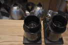 ... a pair of single-serve Kalita Wave filters, each with its own kettle and scales.