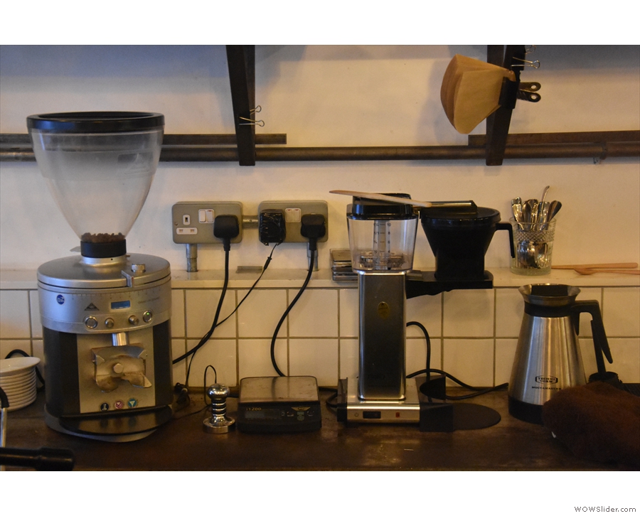 The espresso grinder is on the left, along with the Moccamaster batch-brewer.