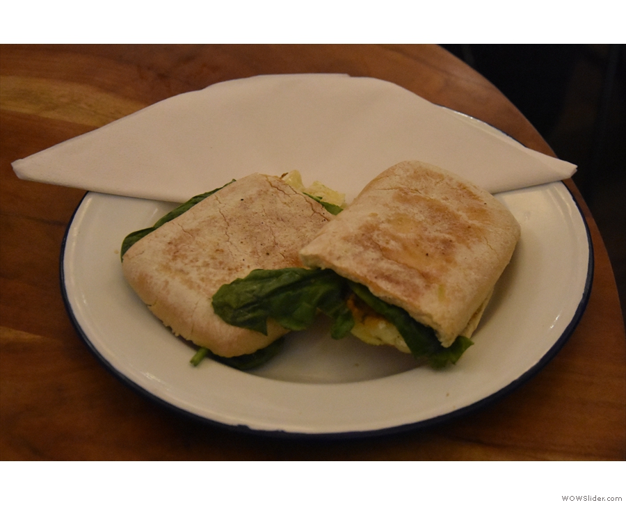 I was there for lunch, enjoying a bree, tomato, pesto and spinach panini.