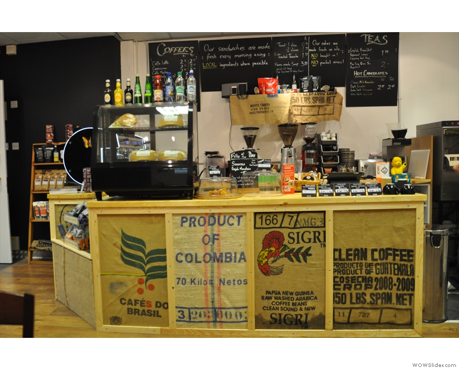 A closer look at Barry's hand-built counter. I like the use of the coffee sacks for decoration.