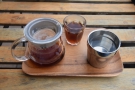 My coffee, in a carafe, glass at the side, is beautifully presented on a tray, brought out...