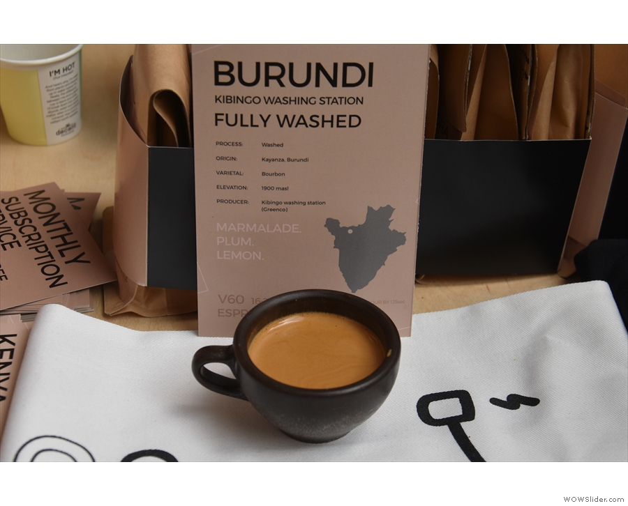 ... Burundi Kibingo, a really interesting, complex coffee that worked well as an espresso.