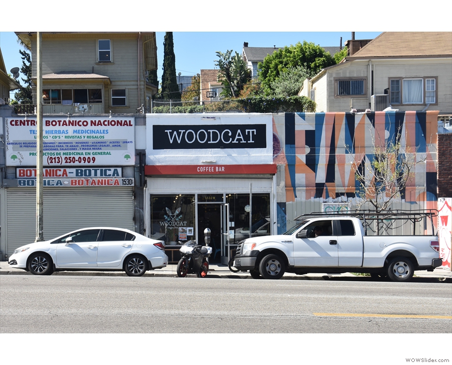 Woodcat Coffee Bar, on the south side of Sunset Boulevard in Echo Park, Los Angeles.
