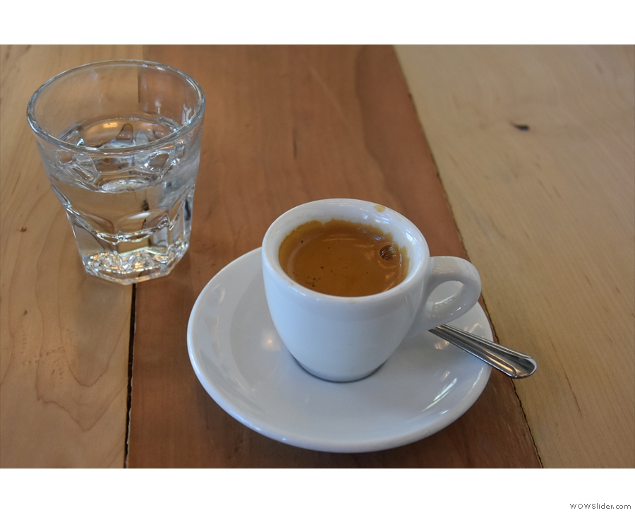 The espresso, which was excellent, came with a class of sparkling water....