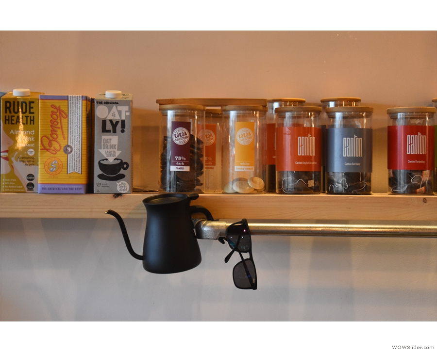 Dairy alternatives, old friends Kokoa Collection and Canton Tea, all on a shelf.