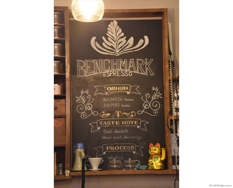 Details of the house espresso blend, Benchmark, are behind the counter...