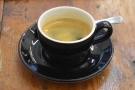 And here it is, my Dead Brick espresso in a classic black cup.