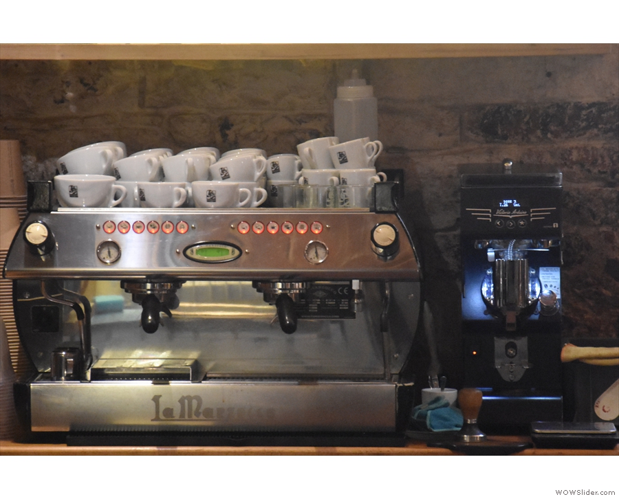 There's a two-group La Marzocco GB5 and its Mythos 1 grinder...