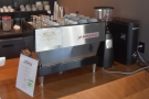 The La Marzocco Linea and its two grinders are on the right-hand end of the counter...