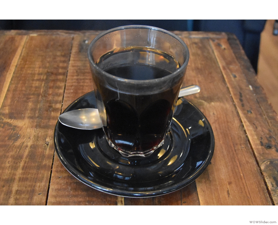 On my first visit, I had a Honduran single-origin V60, served in a glass...