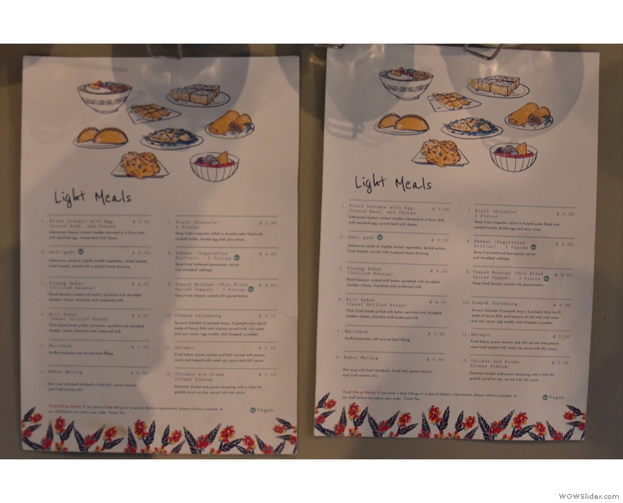 The menus in more detail, with a range of 12 Indonesian snacks and light meals.