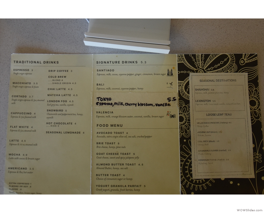A better view of the menu, which has several signature and seasonal drinks.