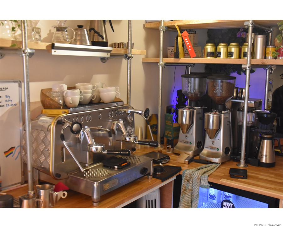 All the magic happens here: from the Faema E61 (left) to the Moccamaster (right).