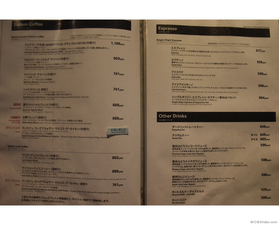 The next two pages are syphon options (left) and espresso/other drinks (right).