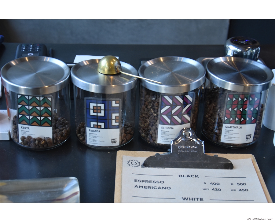 ... with the choice of beans (four single-origins) on display behind.