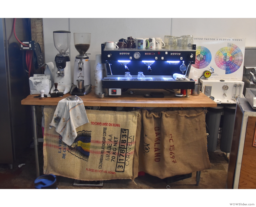 At the front is office space, plus an esprsso machine & lab, where the cupping took place.