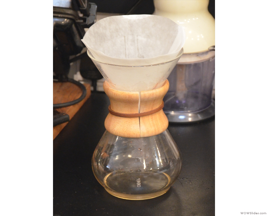 Into the Chemex, with its rinsed filter paper it goes...
