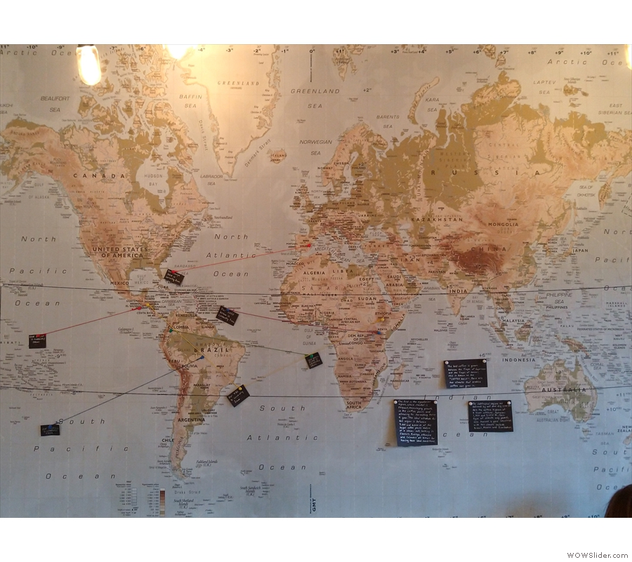 There's also a map on the right-hand wall, showing where the coffee is from.