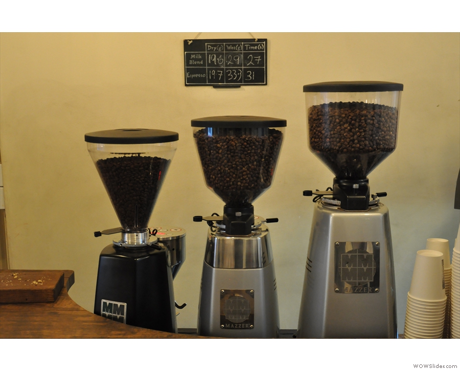 Three grinders, three beans. I'm guessing the blend, the single estate and a decaf.