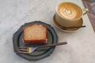 I started out with a slice of the vegan, gluten-free coconut bread and a latte...