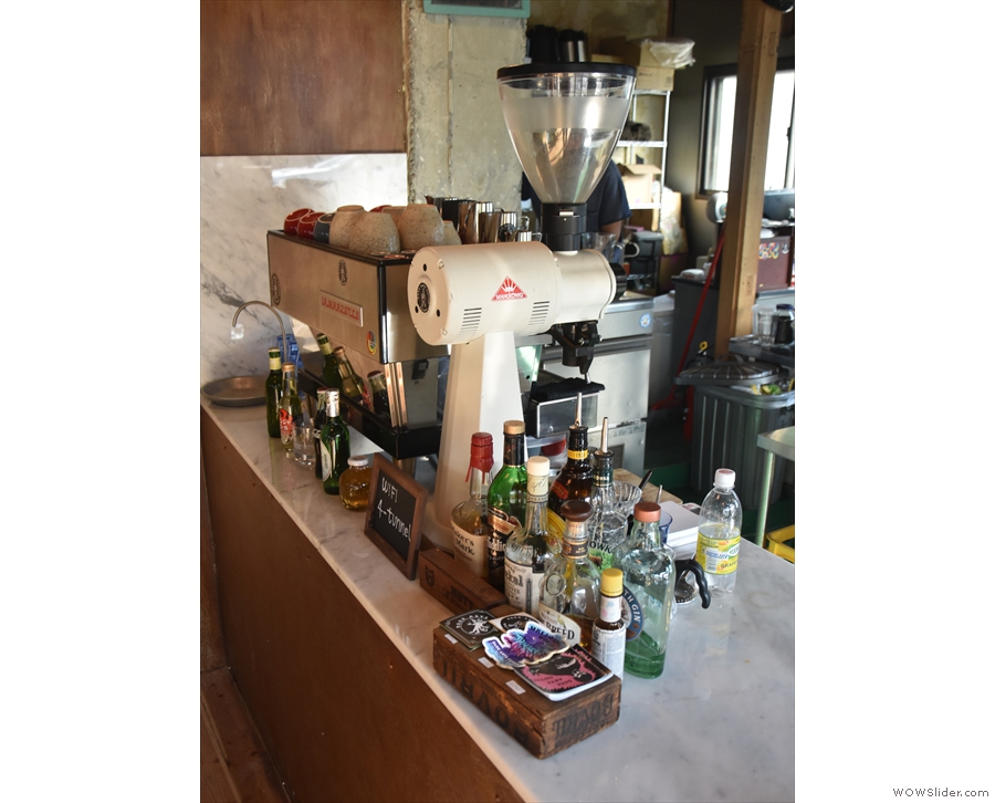 The rest of the counter is the domain of the EK43 grinder and La Marzocco Linea.