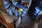 The roastery, seen from the stairs at the back. Green beans are stored under the table...