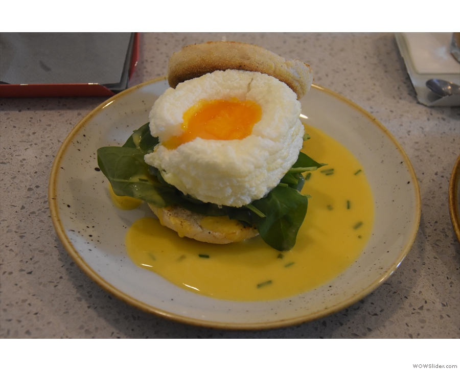 On our first visit, we came for breakfast. I had Eggs Benedict, made with cloud eggs...