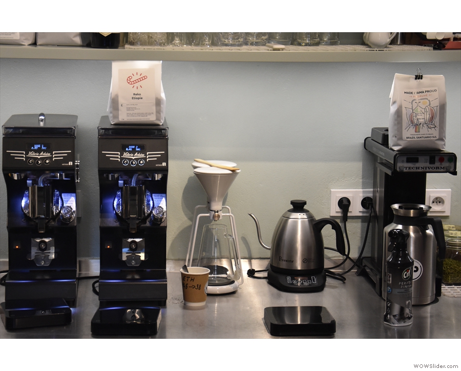 The two espresso grinders, plus the batch-brewer and pour-over set-up are at the back.