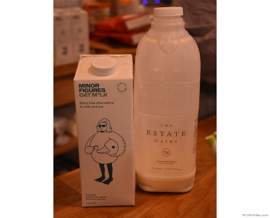 The milk is from Estate Dairy, while there's an oat milk alternative from Minor Figures.
