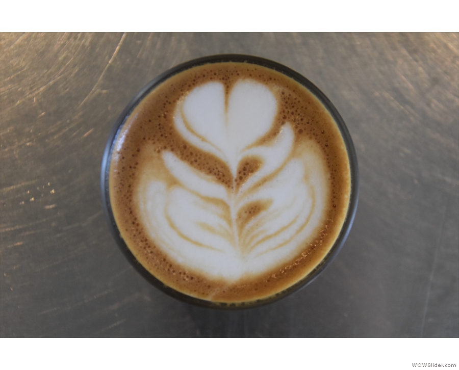 Another view of my cortado and its latte art.