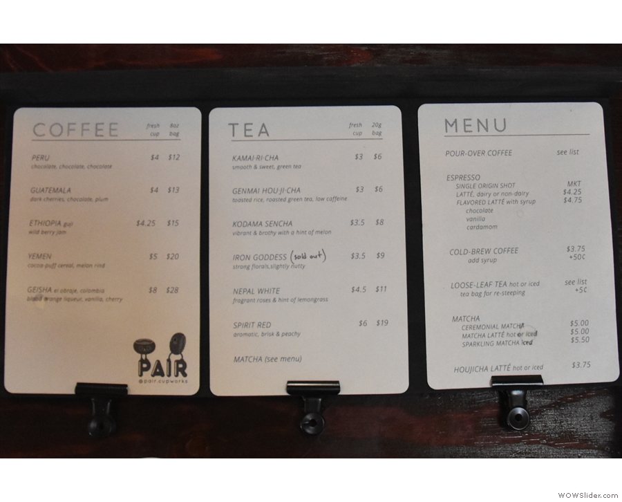 Down to business. Pair's delightfully concise menu is on the counter top...