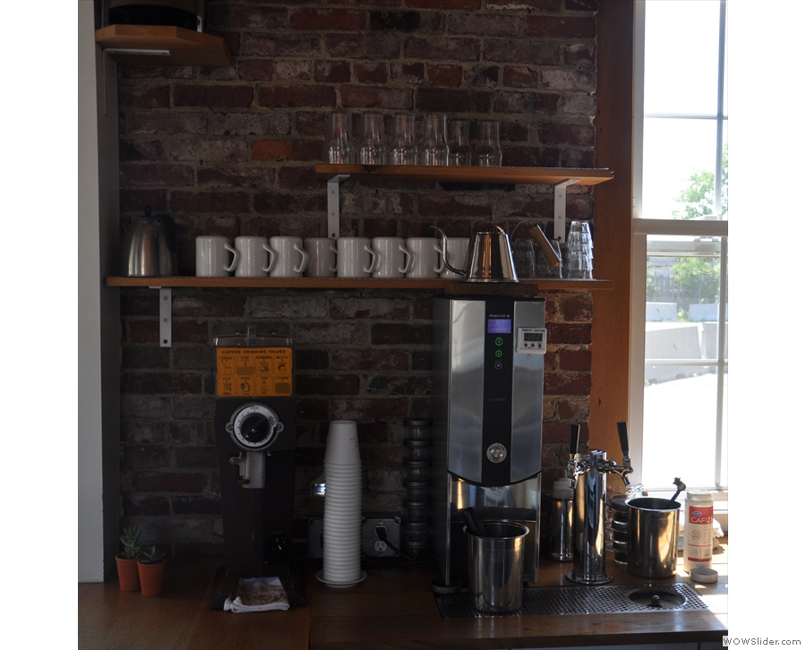 The grinder and boiler for the pour-over is behind the counter, with cold-brew on tap too!